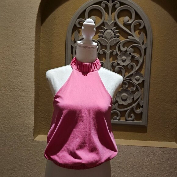 Express Tops - Express Y2K Pink Halter Ruched Neck and Ruched Waist Sleeveless Top  XS